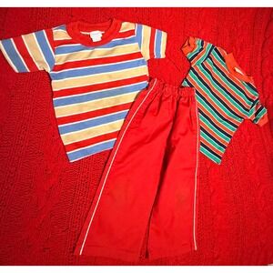 Vintage 70s Kids Health-tex Donmoor Striped Shirt Pants Set 2T Made in USA Red
